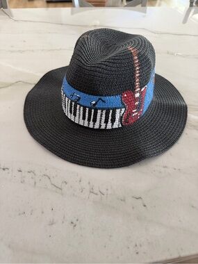 Kids Black Straw Hat with Musical Guitar & Piano Band